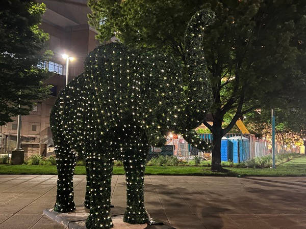 Life Size Lighted Topiary Standing Elephant Covered with Outdoor Boxwood Foliages via Solar Panels ECO-Friendly